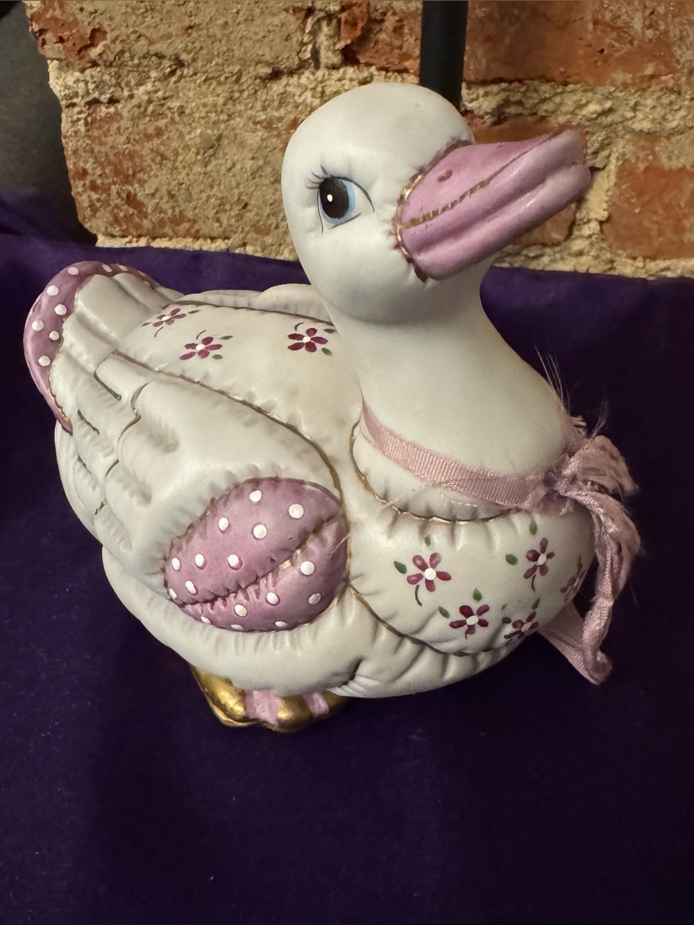 Vintage ‘87 Lefton Quilted Patchwork Purple Porcelain Duck Cottagecore Farmhouse